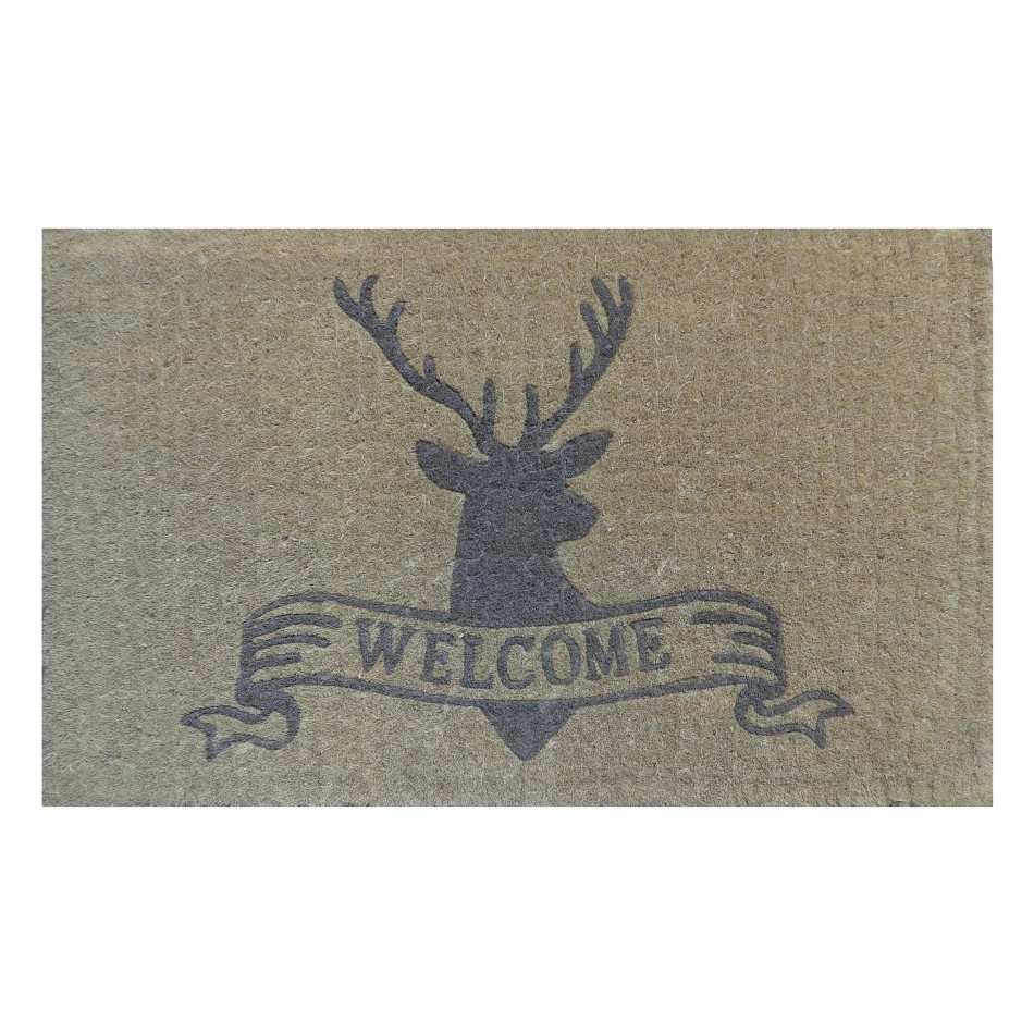 Natural coir doormat with a stag head and Welcome scroll design